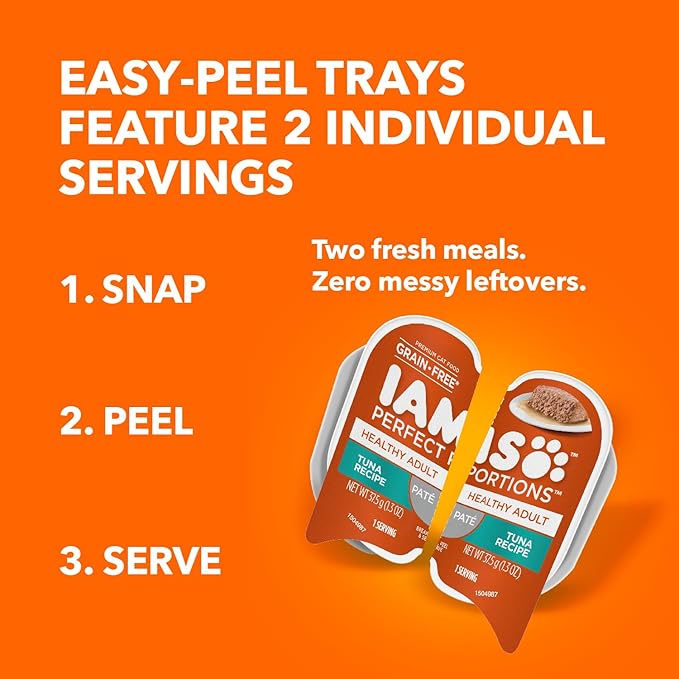IAMS Perfect Portions Healthy Adult Grain Free Wet Cat Food Paté, Tuna Recipe, 2.6 oz. Easy Peel Twin-Pack Trays (24 Count, 48 Servings)