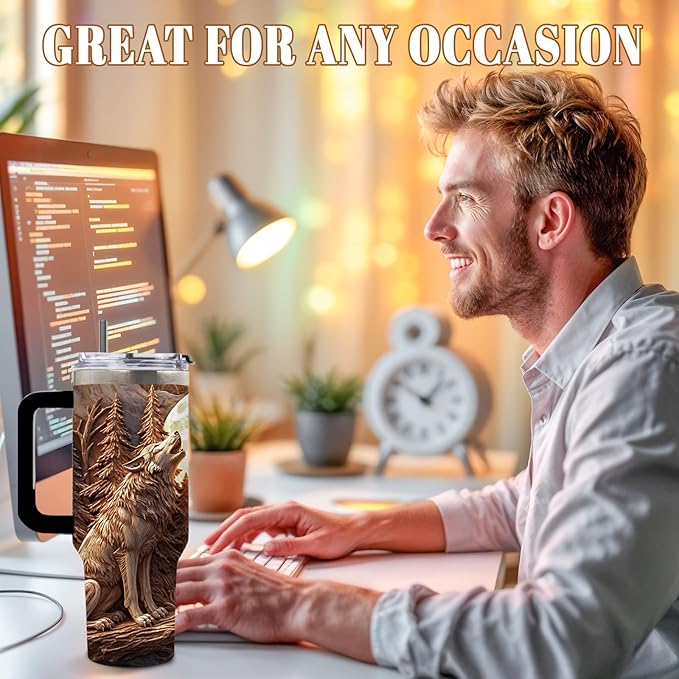 40 Oz Wolf Tumbler with Handle and Straw, Cool Stainless Steel Insulated Tumblers for Women Men, Birthday Gifts for Wolf Lovers Brother Dad