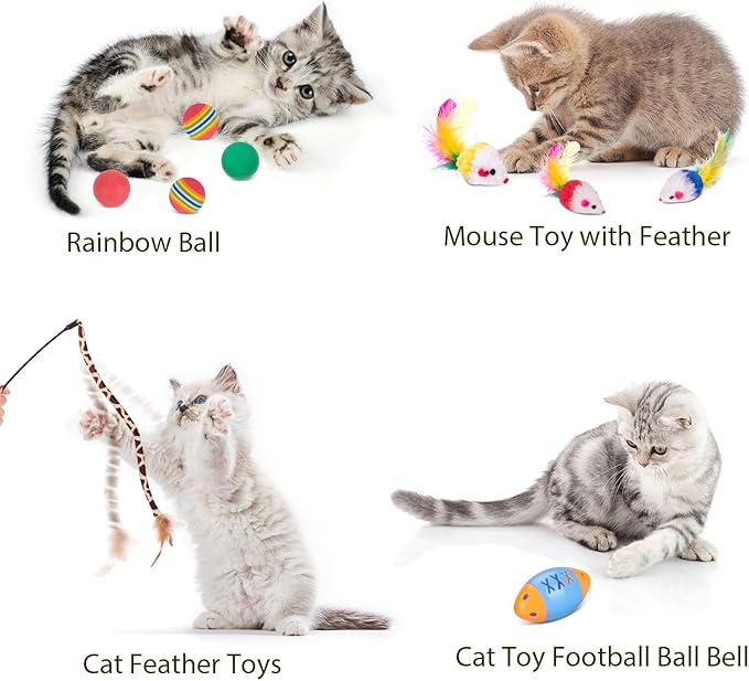 Cat Toys 25 Pcs,Kitten Toys for Indoor Cats,4 Collapsible Cat Tunnel Tubes Interactive Feather Teaser Wand Toy for Kitten Cats Springs Mouse Crinkle Toys Rainbow Football Cat Ball with Bell Toy
