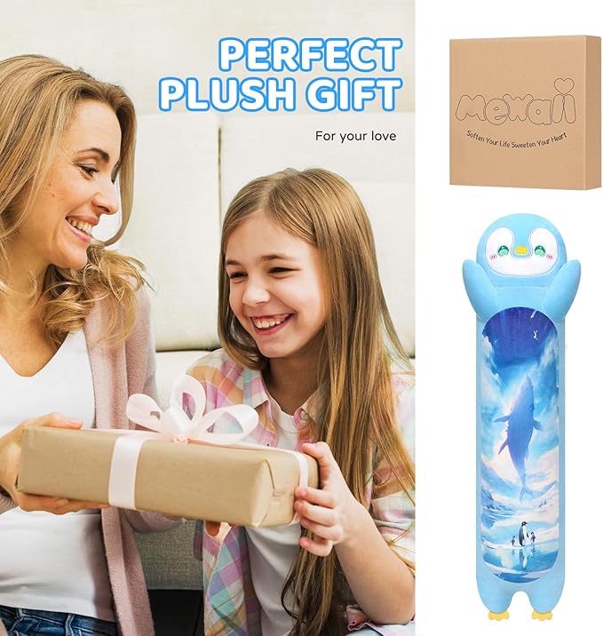 Long Plush Body Pillow, Cute Stuffed Animal, Big Cuddle Toy - Penguin Design, 20 Inches