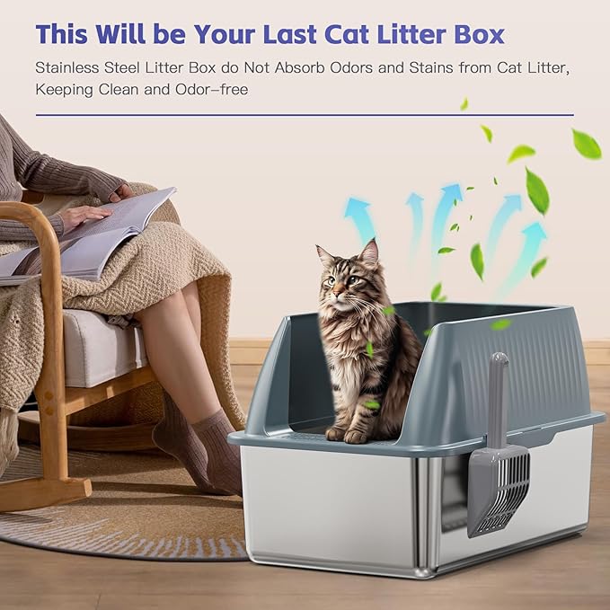 15" XL Stainless Steel Litter Box for Cats, Enclosed Metal Litter Box with Lid, Extra Large Kitty Litter Box with High Sides for High Peeing Cat, Easy to Clean, Non-Sticky, Including Scoop