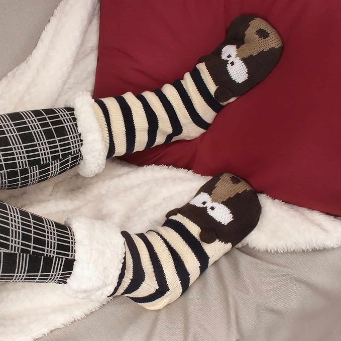 BambooMN Extra Thick Cozy Fuzzy Animal Thermal Cabin Plush Fleece-lined Knitted Crew Socks