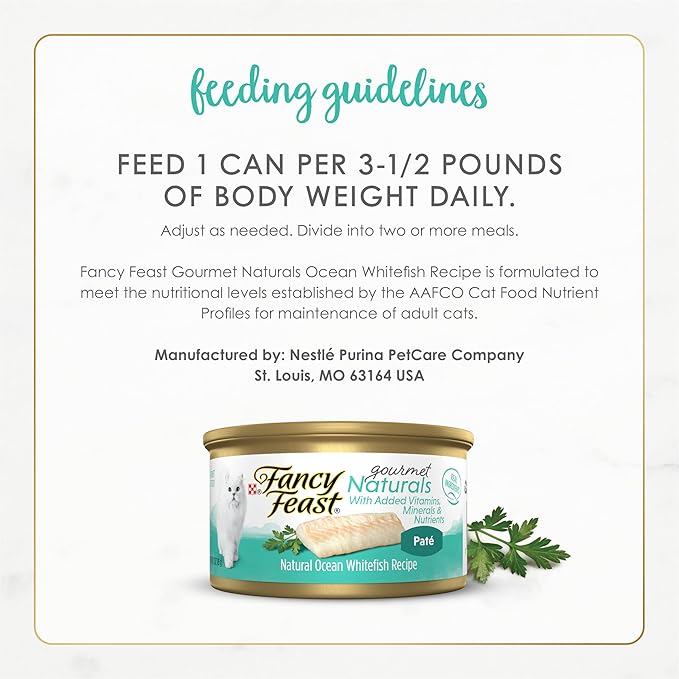 Purina Fancy Feast Wet Cat Food Pate Gourmet Naturals Ocean Whitefish Recipe - (Pack of 12) 3 oz. Cans
