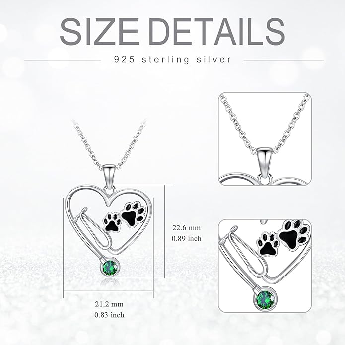 Birthstone Veterinary Stethoscope Necklace 925 Sterling Silver Nurse Vet Pendant with Dog Paw Nurse Jewelry Gifts for Veterinarian Nurse Women Veterinarian Gifts