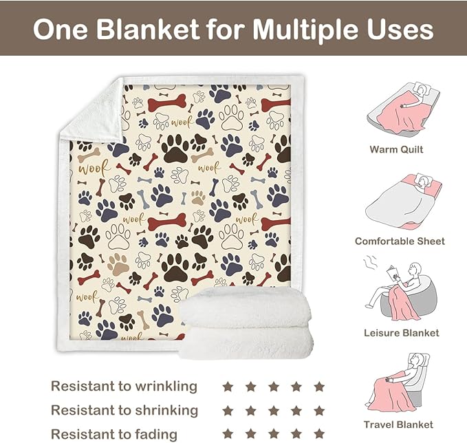 Sleepwish Dog Paws and Bones Print Fleece Throw Blanket for Kids Soft Plush Light Yellow Sherpa Blanket for Couch Chair, Throw (50" X 60")