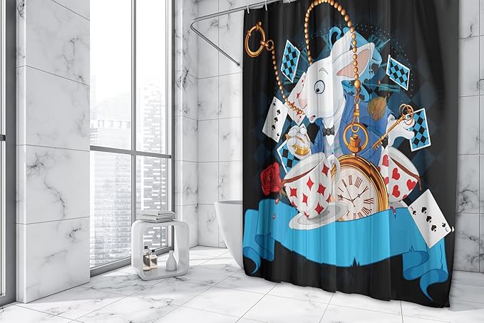 Ambesonne Alice in Wonderland Shower Curtain, Rabbit Motion Cups Hearts and Flower Character Alice Cartoon Style, Cloth Fabric Bathroom Decor Set with Hooks, 69" W x 70" L, Dark Blue Charcoal Grey