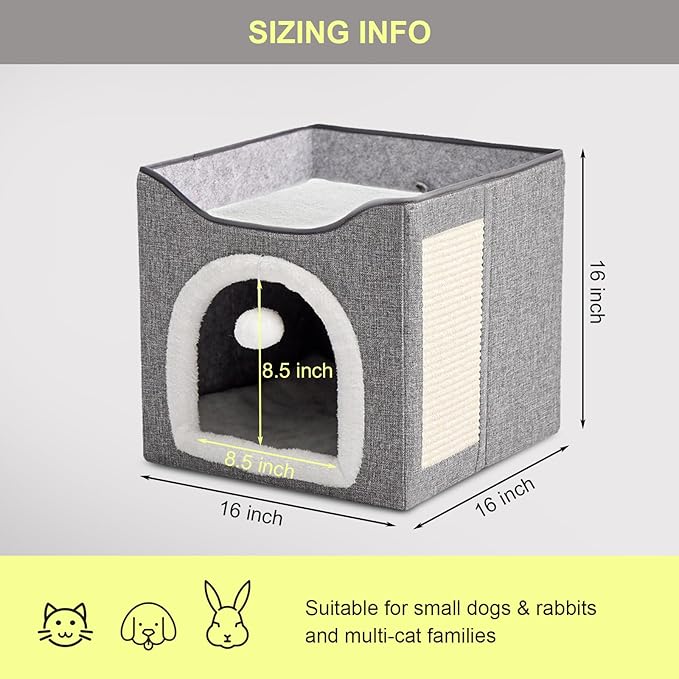 Cat House for Indoor Cat with Scratching Post, Cat Beds for Indoor Cats, Covered Cat Cave Beds & Furniture, Foldable Cat Hideaway, 16x16x15 inches, Grey