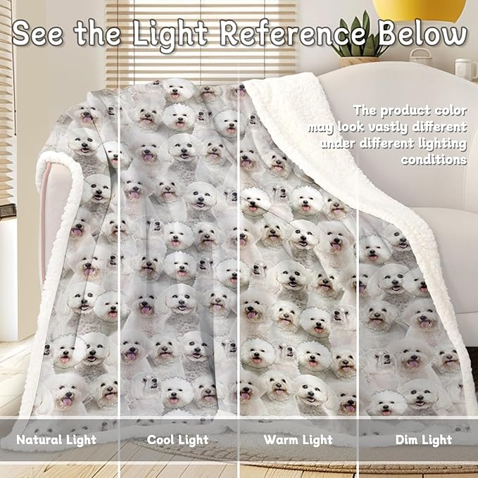 BlessLiving Bichon Frise Sherpa Fleece Throw Blanket 50" x 60" Soft Fluffy Warm Cozy Dogs Blanket for Couch Bed Sofa Chair Cute Puppy Fleece Blanket Reversible Animal Pattern Blankets Gifts for Teens