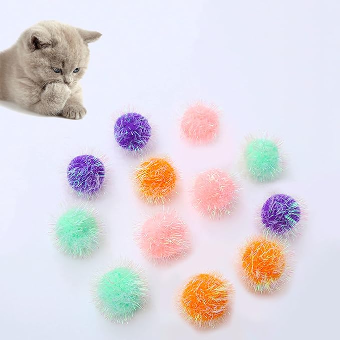 Cat Toy Balls 2 Inch Pom Pom Sparkle Ball Cat’s Favorite Toys Assorted Color Tinsel Glitter Fuzzy Balls 16 Pcs