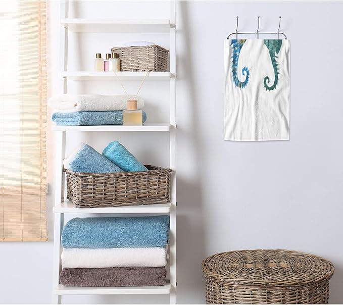 AOYEGO Seahorse Bath Towels Blue Green Sea Horses Polygon Triangles Kitchen Hand Towels Bathroom Decor Soft Beach Microfiber Hair Towels 15x30 Inch