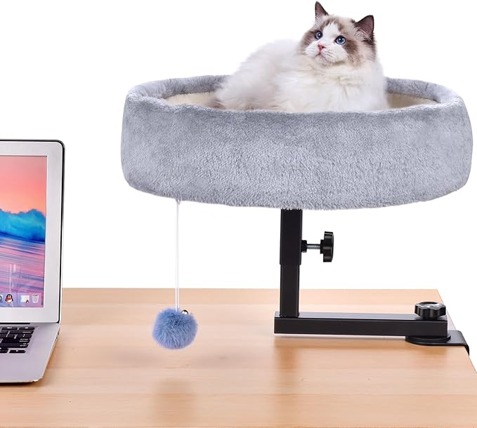 Cat Desk Bed - 360°Rotating & Adjustable, Supports Up to 44 lbs, Soft Faux Fur Fabric, Desk Cat Nest Bed Modern Indoor Cat Furniture for Office Desks and Game Tables, Island Table