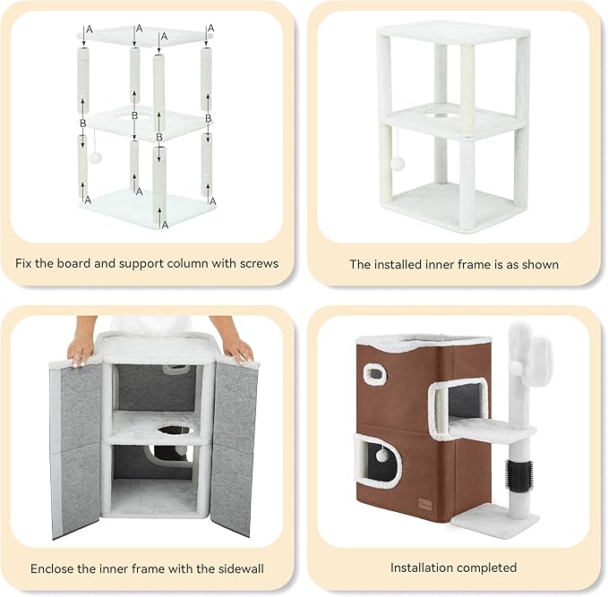 YIATHOME 2-Tier Cat House, Cat Beds for Indoor Cats, Small Cat Condo with Highway Cave, Scratch & Itching Post, Clmibing Stand, Modern Cat Cube Playhouse for Multi Kittens, Brown