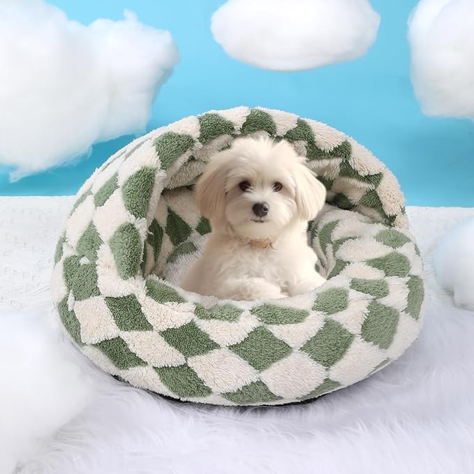 Dog Beds for Small Dogs, Cat Bed Cave, Washable Cute Cat Bed, Cozy Nook Pet Bed for Dogs or Cats, Anti-Slip Puppy Bed Fits up to 22 lbs Pets(Grid Green, 24" x 24")