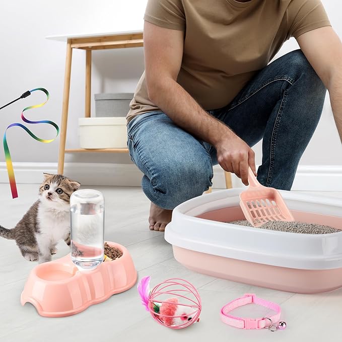 7 Pcs Small Cat Kitten Starter Kit Cat Litter Box with Shovel Cat Paw Litter Mat Double Automatic Cat Bowls Cat Toy Teaser Stick Cat Collar Essentials Kits for 1-3 Lbs Beginner (Light Pink,Stylish)