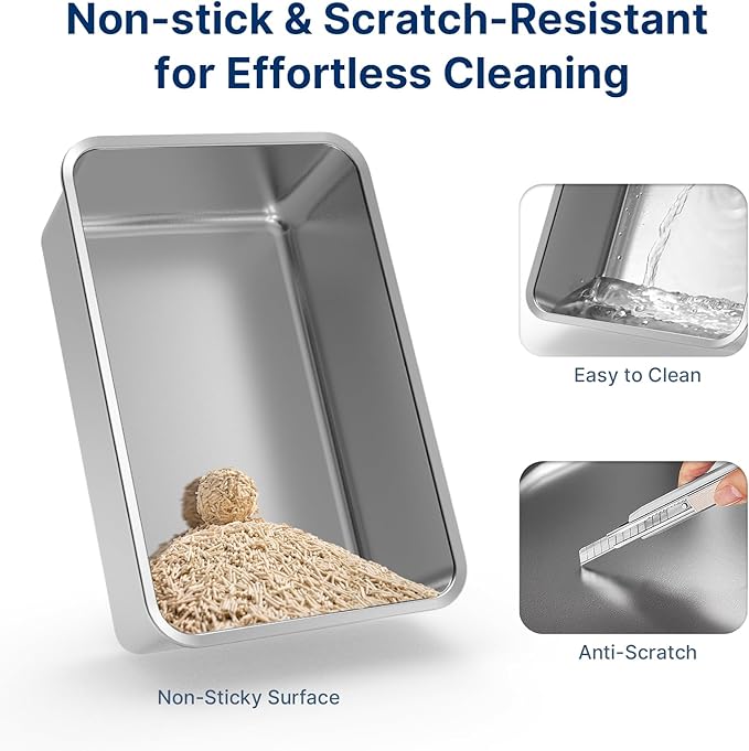 2 Set 23.6" x 15.7" x 6" Stainless Steel Litter Box with Cat Litter Box Enclosure Splash Guard, Metal Litter Box with All-in One High Sided Cat Litter Box Pee Shields, Removable Liiter Mat & Scoop