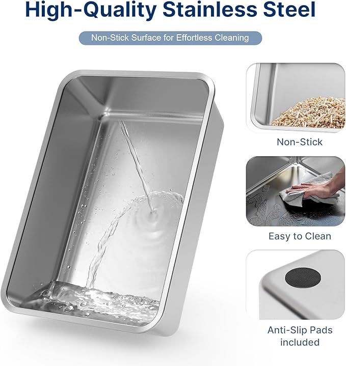 3PK 17.7" x 13.8" x 6" Stainless Steel Litter Box, High Sides Metal Cat Litter Box for Multi-Cats, Easy Clean & Odor Control Kitten Litter Box with Footboard, Bunny Litter Box Litter Pan