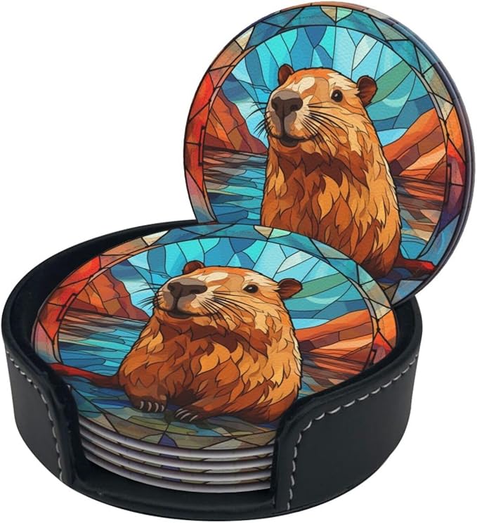 Capybara Drink Coaster Set of 6 With Holder - Leather Coasters for Table/Drinks/Coffee Protection - Housewarming Gift