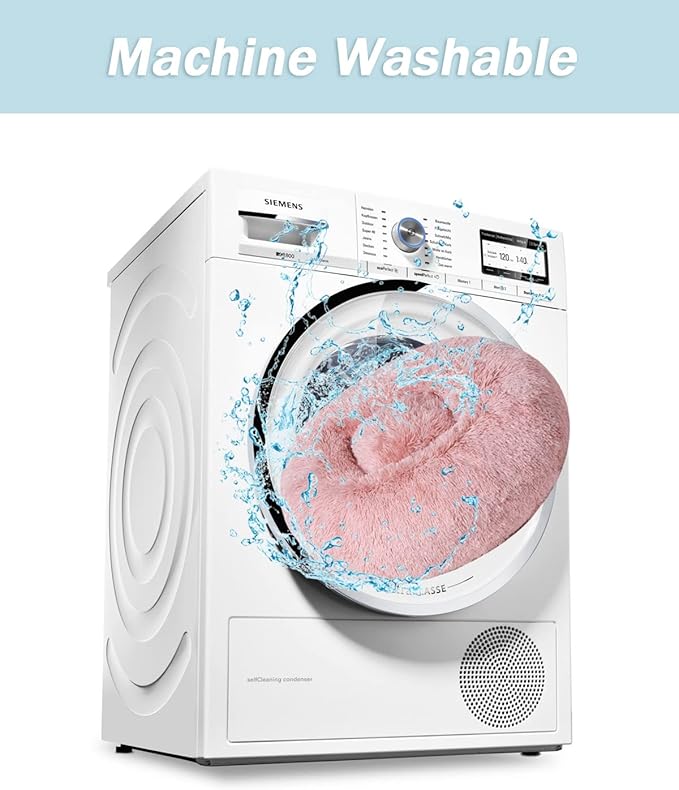 BinetGo Calming Cat and Dog Beds，24 inches Dog Bed, Pink Puppy Bed,Original Calming Donut Cat and Dog Bed in Shag Fur– Machine Washable, Anti Slip Waterproof Bottom