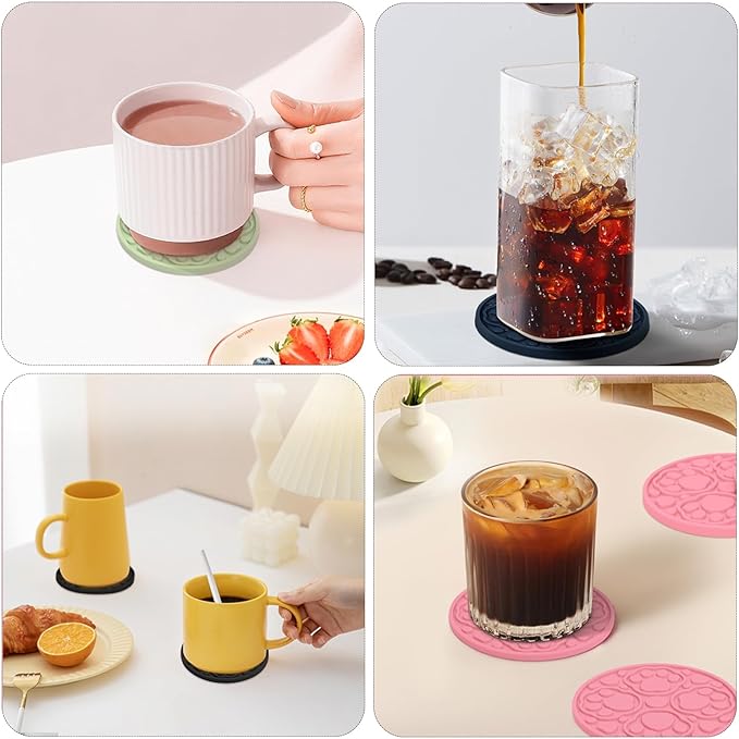 Blue Silicone Coffee Coasters Set of 6 with Holder - 4 Inch Non-Slip Cup Mats, Modern Bar Coasters for Desk, Table, Drink, Beer, Berverage - Dishwasher Safe