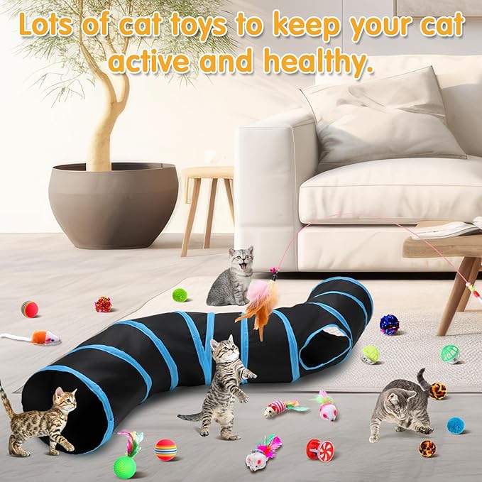 Poen 22pcs Cat Toys Kitten Toys Set with 2 Collapsible Cat Tunnel Toy and 20 Interactive Kitty Toys Cat Feather Toy, Fluffy Mouse, Crinkle Balls, for Cat Kitten Puppy (Blue, Black)