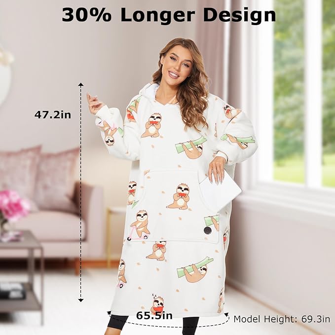 THREE POODLE Wearable Blanket Hoodie, Oversized Long Sherpa Sweatshirt Blanket for Adults Women Men, Warm Cozy Sloth Hooded Blanket, Gifts for Mom Girlfriend