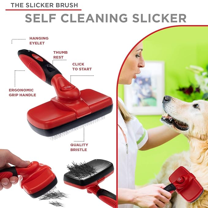 Complete Professional Pet Grooming Kit - Self Cleaning Slicker Brush for Dogs & Cats - Pro Grooming Brush Effectively Reduces Shedding Fur |Hair Remover Brush Gloves - Combo Gift Set
