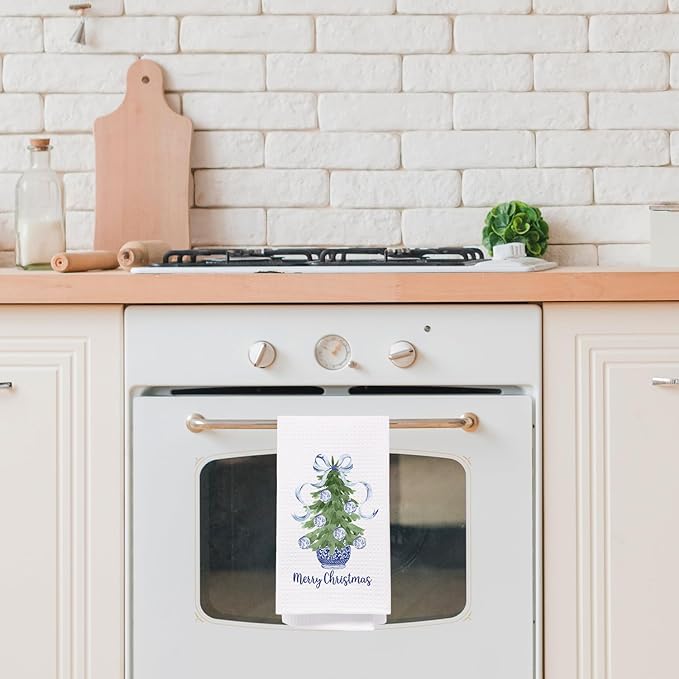 SPBL&L Navy Blue Chinoiserie Christmas Kitchen Towels, Chinoiserie Decor, Navy Blue Bow Christmas Hand Towels for Bathroom, Christmas Dish Towels, Christmas Kitchen Bathroom Decor, 16x24 Inch