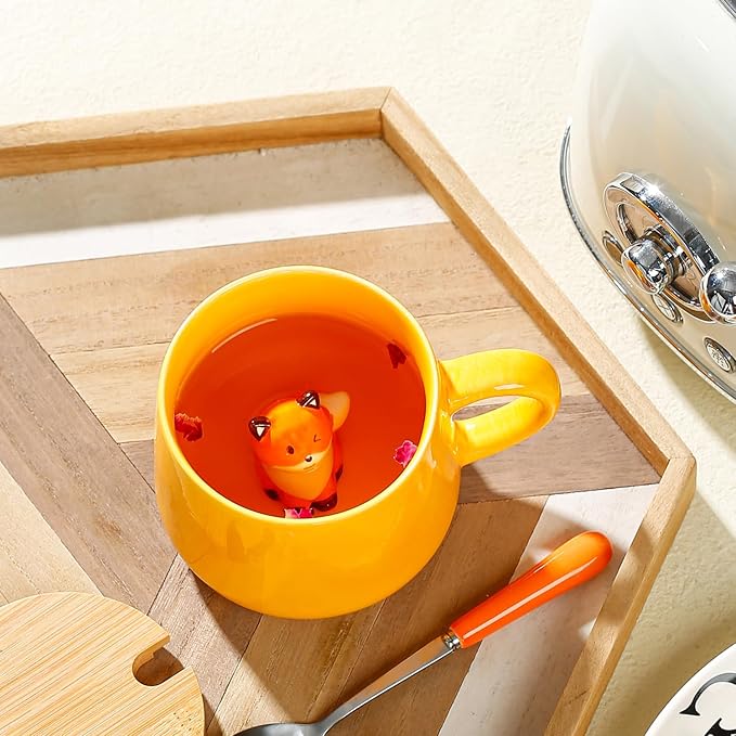 BigNoseDeer Kawaii Fox Mug Cute Mugs with 3D Fox Inside Ceramic Coffee Mug with Lid and Spoon Cute Stuff Birthday Gifts Cute Gifts For Women 13.5oz