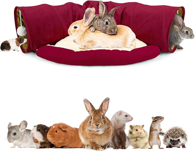 BWOGUE Bunny Tunnel Bed, 2-in-1 Collapsible Tunnel Tubes Toys with Removable Mat Hideout for Cats Kittens Rabbits Guinea Pigs Kitty