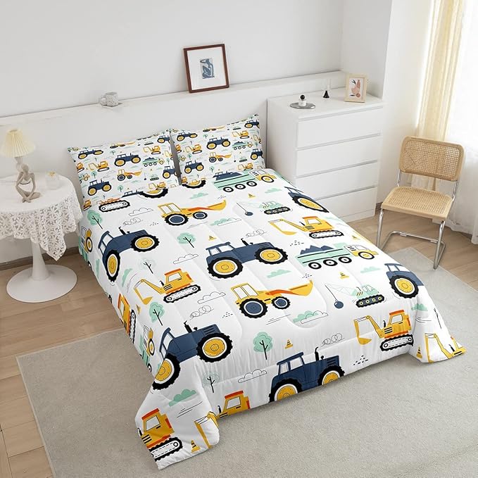 Boys Cartoon Car Bedding Set King, Excavator Tractor Comforter Set for Kids Teens, Equipment Trucks Quilted Duvet, Heavy Machinery Construction Bedding Comforter Sets with 2 Pillowcases Bedroom Decor