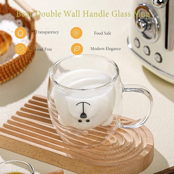 Bear Cute Mugs Kawaii Double Wall Glass Coffee Tea Mill Yogurt Cup Funny Novelty Gift for Women Her Friends Office Birthday Christmas (Bear with handle)