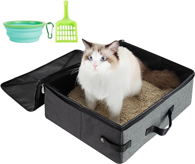 HiCaptain Travel Litter Box for Cat with Lid and Handle Standard Portable Collapsible Litter Carrier for Cat (L,Black/Gray)