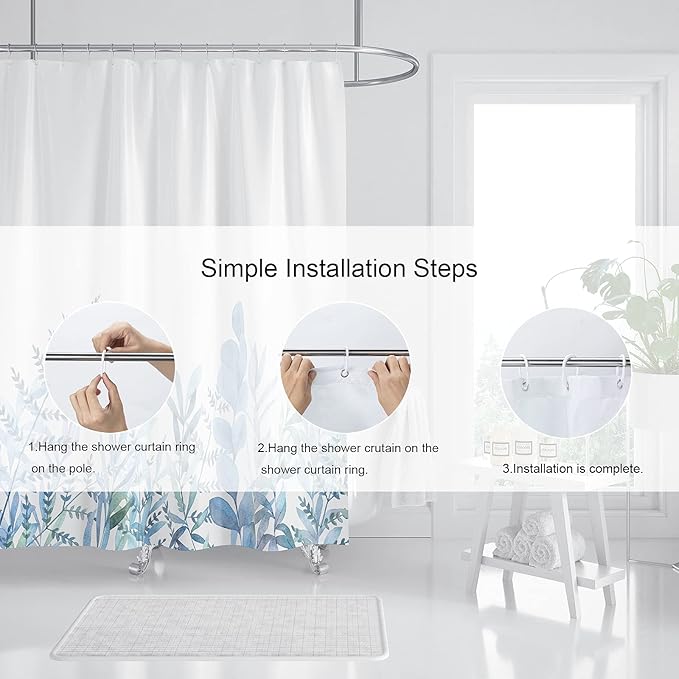 Blue Flower Shower Curtains for Bathroom,Watercolor Plant Leaf Shower Curtain, Eucalyptus Spring Shower Curtain with 12 Hooks, Waterproof Fabric Shower Curtains for Bathroom, 72x72inch