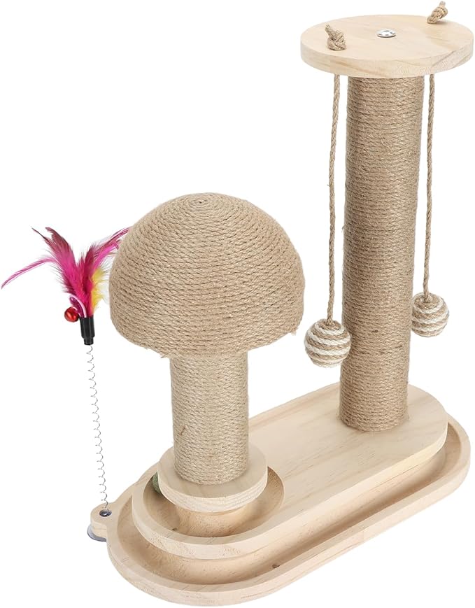 Cat Toy Cat Scratching Post 2 Layer Ball Track Kitten Scratcher Cat Toy, Sturdy Pine Hemp Cat Scratch Post Interactive Toy with Wood Ball, Suction Cup Base Cat Scratcher Toy