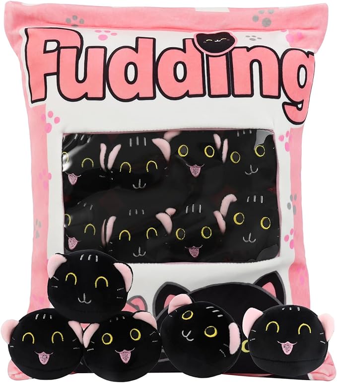 Plush Black Cat Pillow, 8 Cute Removable Stuffed Animals, Kids Sofa Chair Decorative Gift (Pink)