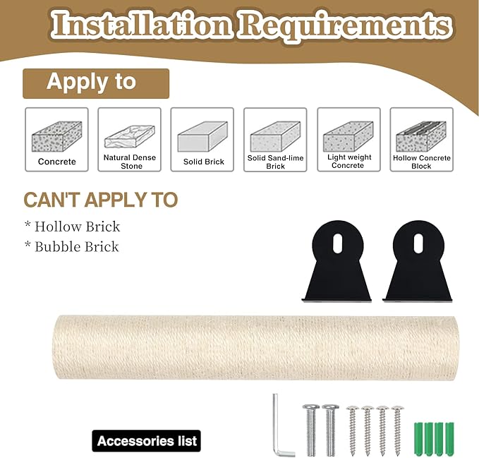 Cat Scratching Post Wall Mounted -16'' Natural Sisal Rope Cat Wall Furniture Scratching Post for Cat Grinding Claws Scratching and Climbing