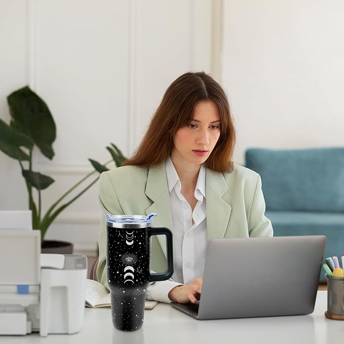 40 oz Tumbler with Handle and Straw, Stainless Steel Insulated Cup with Leak Proof Lid and Straw Lid, Keep Drinks Cold and Hot for Hours(Sun Moon)