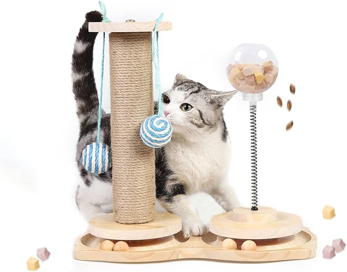 Marchul 4 in1 Interactive Cat Toy, Natural Sisal Cat Scratching Post with Hanging Balls, Cat Toys with Roller Track Ball by Wooden, Cat Food Feeder Toy with Treat Ball for Indoor Cats and Kittens