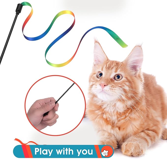 Amaxiu Cat Wand Toy Set, Interactive Cat Wand Toy with Rainbow Ribbon String, Rainbow Cloth String, Leopard Print Cloth String for Small Cats Kittens Indoor Training Catcher (3 Packs)