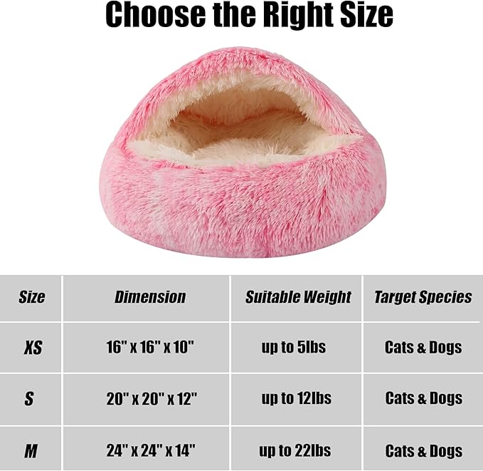 HYQ Dog Bed for Small Dogs, Cozy Cat Cave Bed, Cat Beds for Indoor Cats Washable, Non-Slip Cat Beds, Calming Dog Bed with Hooded Cover, Dog Bed with Cover for Small Medium Pets (Pink, 16×16 Inch)