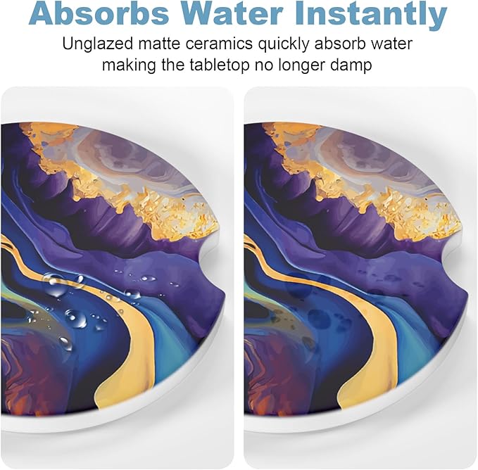 2 Pack Car Cup Holder Coasters, 2.63 inch Anti Slip Insert Absorbent Ceramic Coasters with Cork Base and Finger Notch, Cute Car Accessories Interior for Women