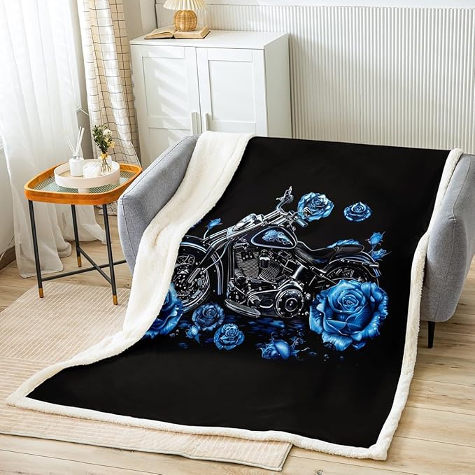 Motocross Rider Fleece Throw Blanket Motorcycle Pattern Design Sherpa Blanket for Sofa Couch Bed Blue Roses Plush Blanket Floral Dirt Bike Motorbike Fuzzy Blanket Bedroom Decor Throw 50x60 Inch