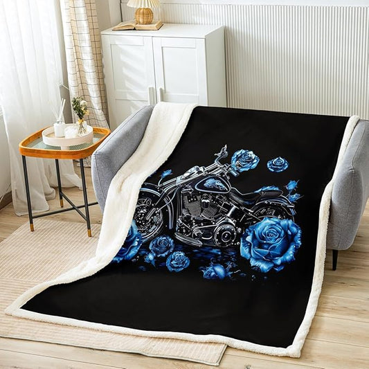 Motocross Rider Fleece Throw Blanket Motorcycle Pattern Design Sherpa Blanket for Sofa Couch Bed Blue Roses Plush Blanket Floral Dirt Bike Motorbike Fuzzy Blanket Bedroom Decor Throw 50x60 Inch