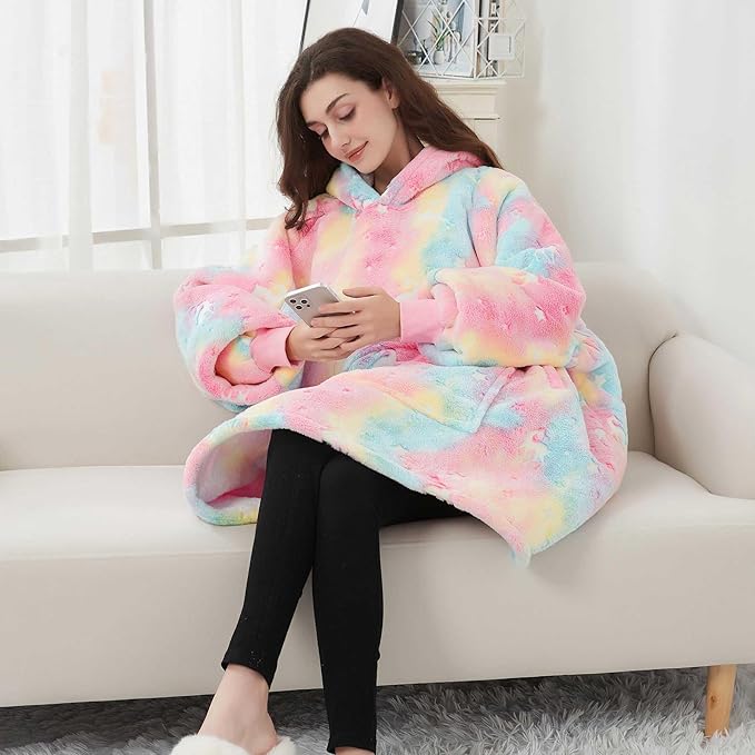 Glow in The Dark Wearable Blanket Hoodie for Adults Sherpa All Patterns Oversized Sweatshirt Blanket with Pockets Cute Gifts for Women Rainbow