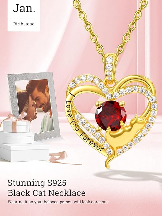 Birthstone Cat Necklaces,925 Sterling Silver Cat Necklace Heart Pendant for Women,Dainty Animal Jewelry for Her,Wedding Anniversary Birthday Gifts for Women Mom Grandma