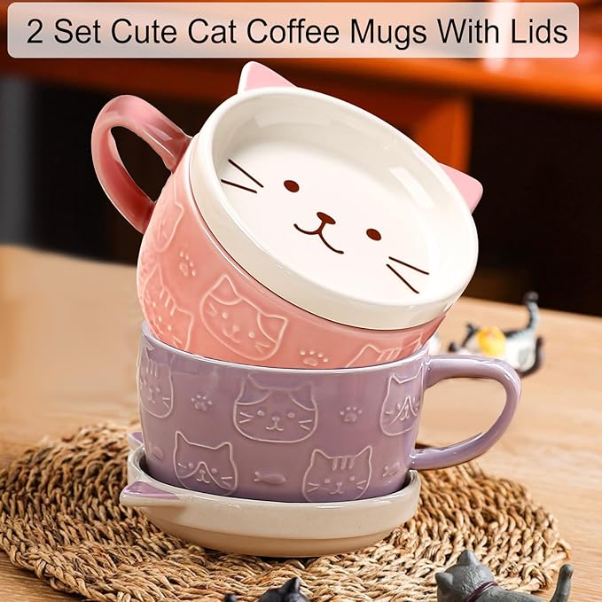 2PCS Cute Mug Kawaii cat Tea Cup Ceramic Coffee Mug with lid,Tea Cups and Saucers for Dessert Tea Mug Cute Gifts Cat lover gifts for women Anime gifts for women Christmas Gifts 10oz (Pink +Purple)