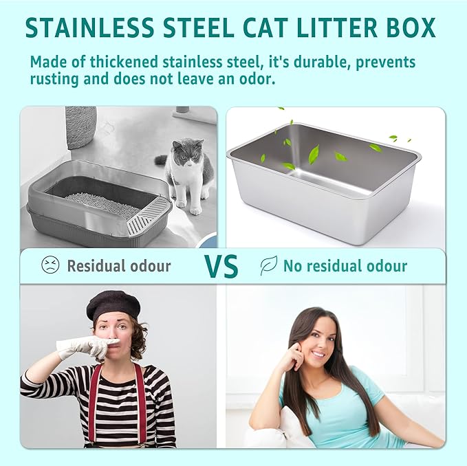 2 Pack Stainless Steel Cat Litter Box,XXL Metal Litter Box for Big Cat 8IN Deep, Metal Pet Toilet Cat Litter Pan Easy to Clean,High Sided Litter Box Adult Cats,Non Stick, No Smell