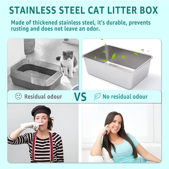 2 Pack Stainless Steel Litter Box,Metal Litter Box for Cat Easy to Clean,Medium Litter Box for Cat/Kitty/Rabbit,Metal Cat Toilet Kitten Litter Pan,Non Stick, No Smell,17.7"L x 13.8"W x 6"H