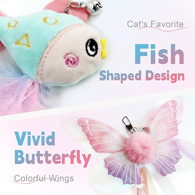 SONGWAY Cat Wand Toys for Indoor Cats - Cat Feather Toys with Retractable Cat Stick and 6 PCS Fairy Cat Teaser Toy Refills, Butterfly Tassel Plush Cat Toys Interactive, Pink