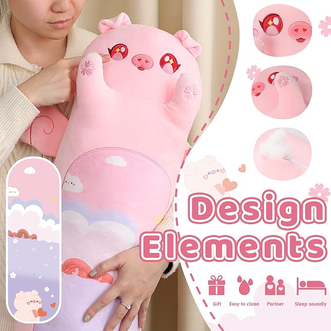 AIXINI Long Pig Plush Pillow Cute Angel Pink Pig Stuffed Animals, Soft Kawaii Piggy Plushies Pillow Toy for Kids (Angel Pig,27.5inch)